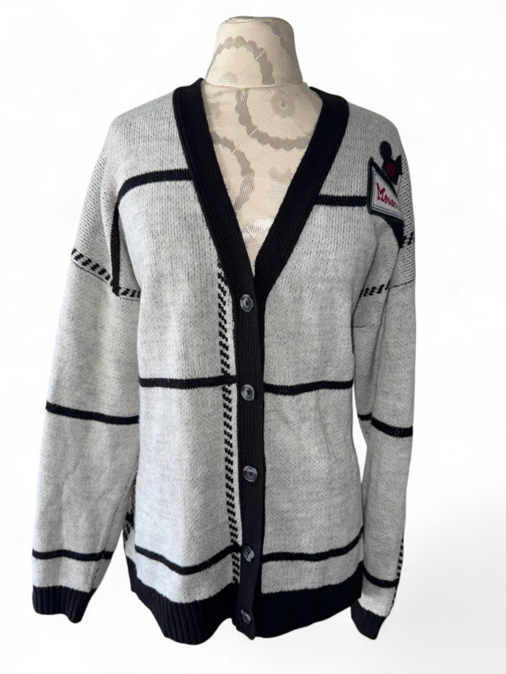 Disney Mickey Mouse Club Mouseketeer Gray Black V-Neck Cardigan Sweater Size XXL